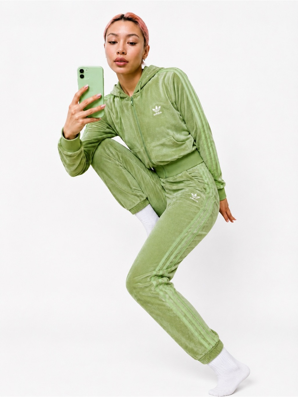 adidas Oman Crop FZ Hoodie & Jogger Set Chalk Green NWT